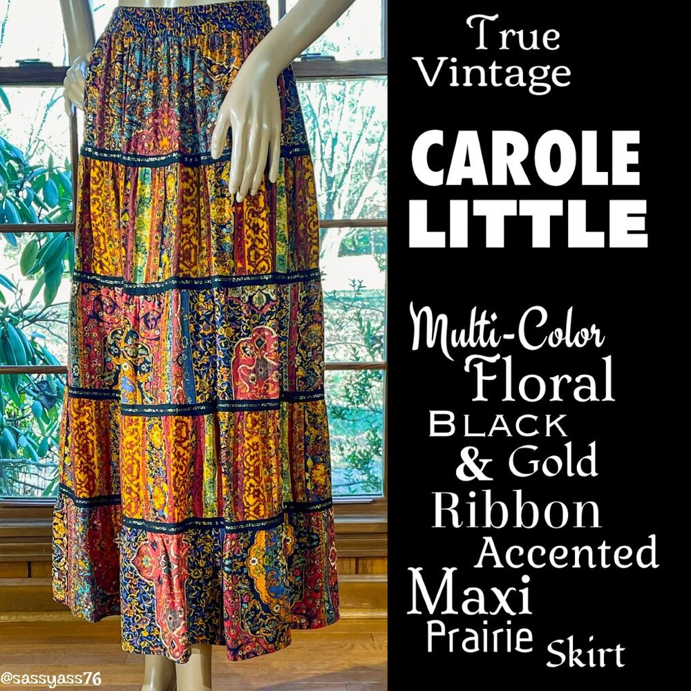 ▪️VTG▪️CAROL LITTLE▪️Multi-Color Floral Black & Gold Ribbon Maxi Prairie Skirt